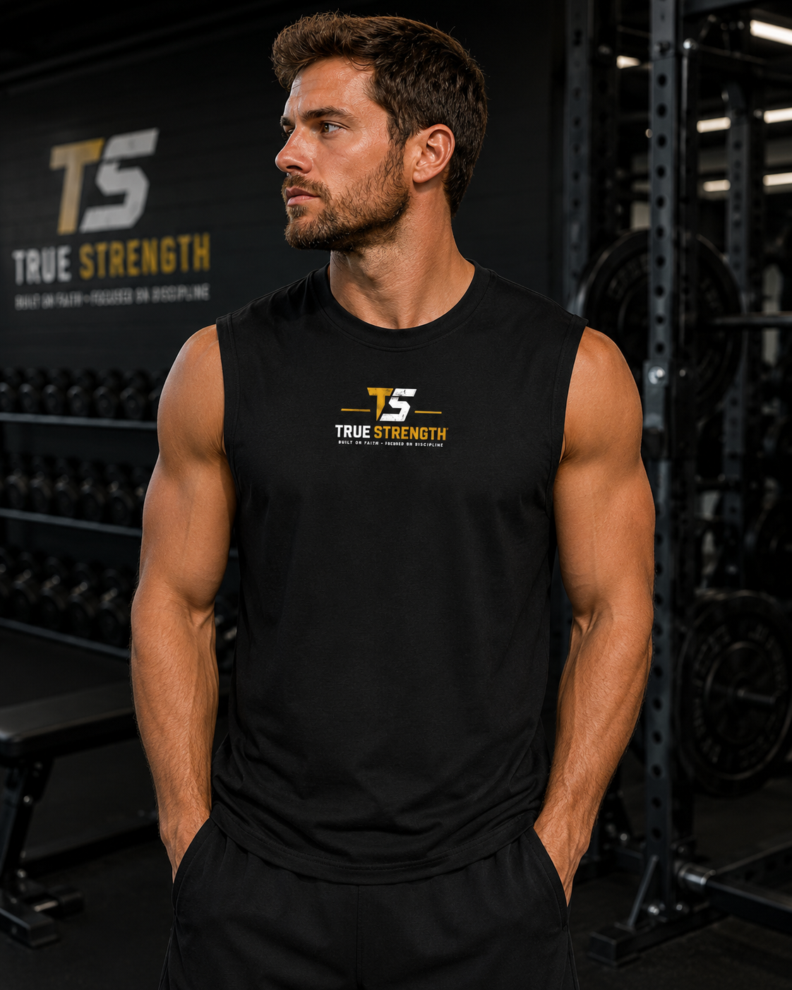 True Strength — Never Quit Gold Muscle Tee