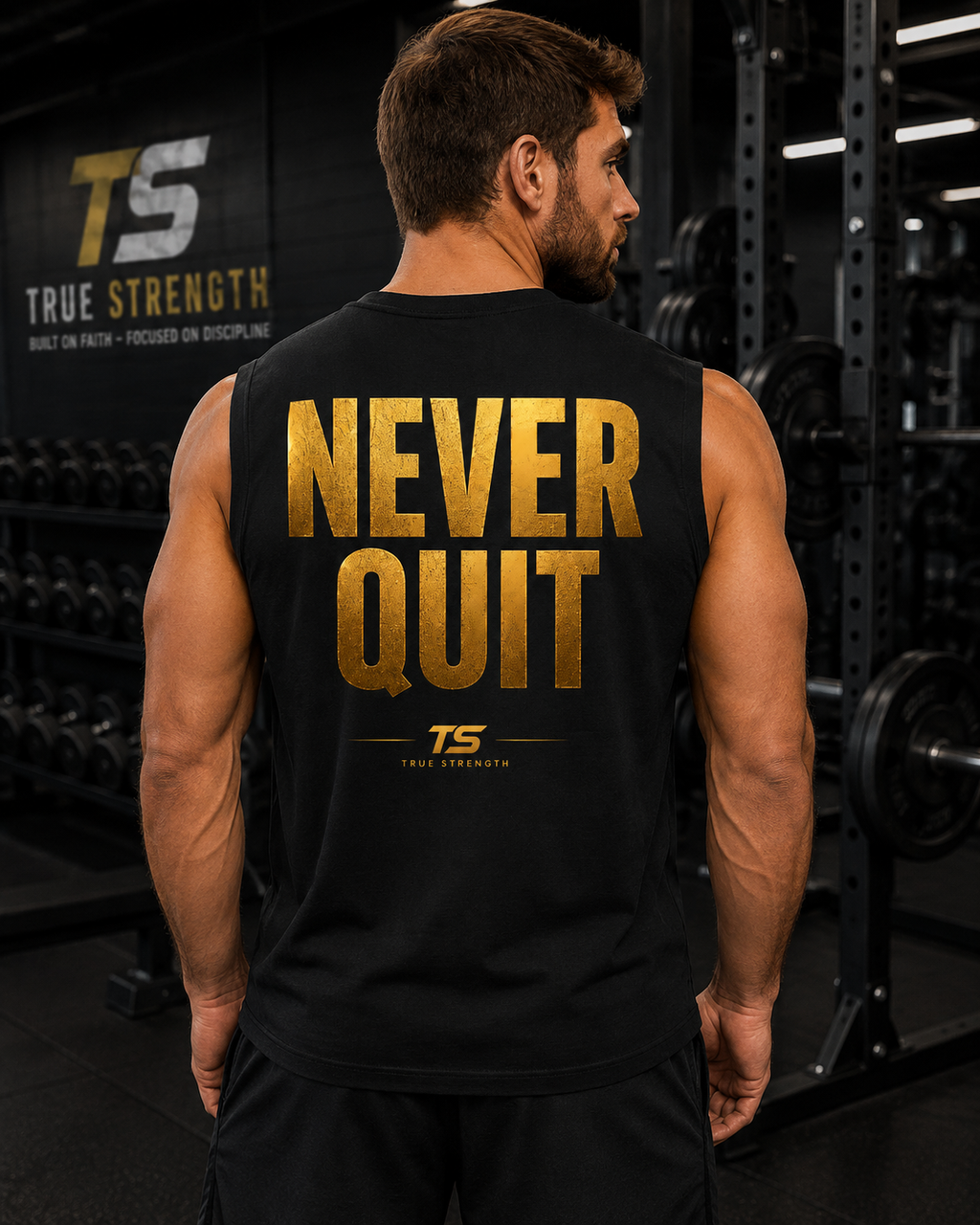 True Strength — Never Quit Gold Muscle Tee